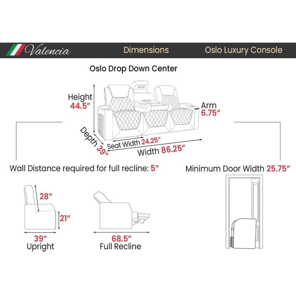 Valencia Oslo Luxury Console Edition Home Theater Seating Dimensions - Game Room Spot