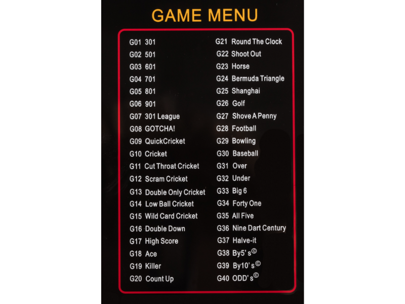 Arachnid Cricket Pro 800 Electronic Dartboard's Game Menu