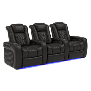 Row of 3 Valencia Tuscany black leather theater seats with quilted design.