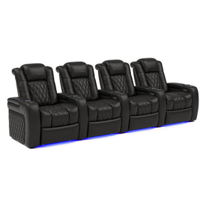 Row of 4 Valencia Tuscany black leather theater seats with quilted design.