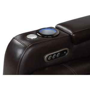 Close-up of a Valencia Tuscany brown leather recliner with control buttons.