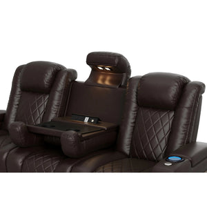 Valencia Tuscany Console Brown leather recliner seats with cup holders and armrests.
