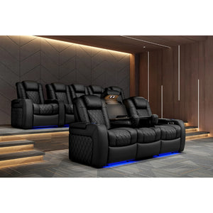 Valencia Tuscany Console black recliner theater seats in a room.