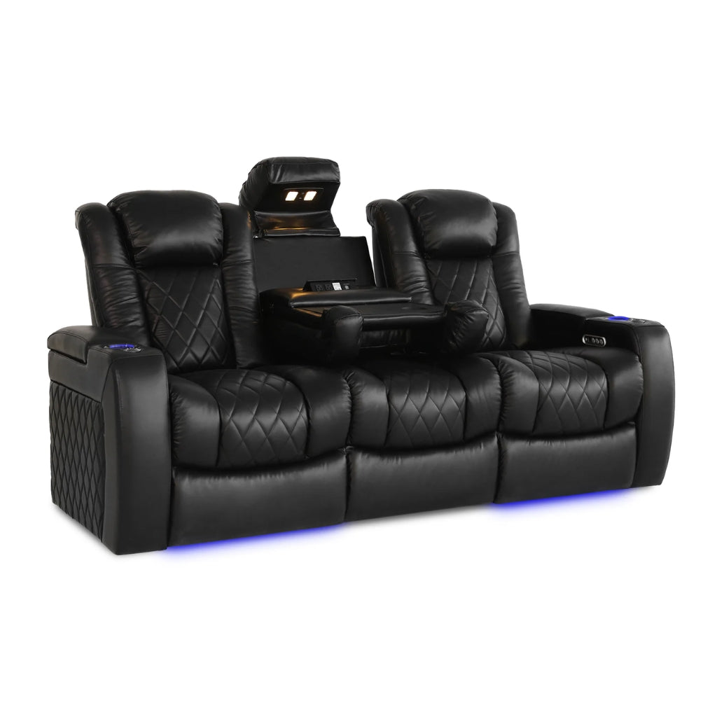 Valencia Tuscany Console Black leather theater seat with cup holders and armrests on a white background