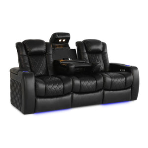 Valencia Tuscany Console Black leather theater seat with cup holders and armrests on a white background