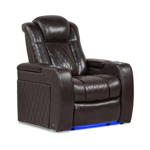 Valencia Tuscany Brown leather recliner chair with cup holders and armrest controls.