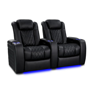 Valencia Tuscany Heat and Massage  Black recliner seats with diamond stitching and blue LED lighting.