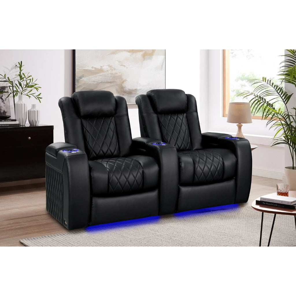 Valencia Tuscany Heat and Massage Black leather recliner seats with blue LED lighting in a living room setting.