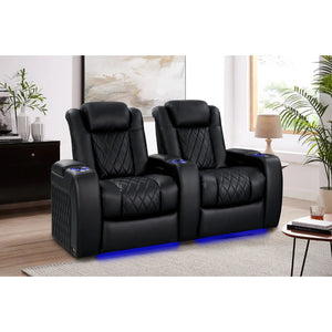 Valencia Tuscany Heat and Massage Black leather recliner seats with blue LED lighting in a living room setting.