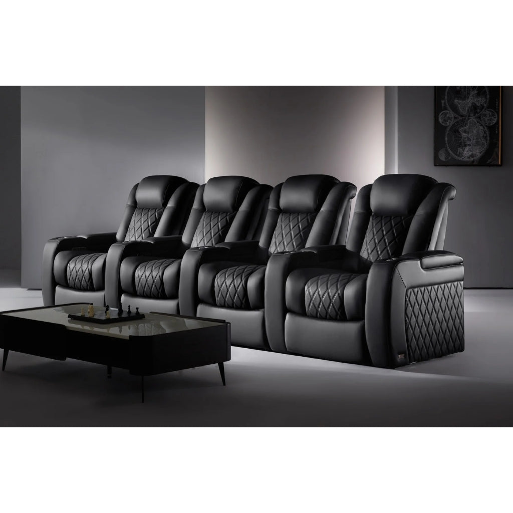 Valencia Tuscany Luxury Black leather theater seating in a dimly lit room