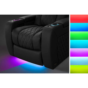 Valencia Tuscany Luxury Black recliner chair with RGB lighting options displayed.