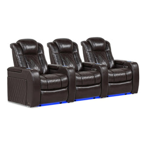 Row of 3 Valencia Tuscany brown leather recliner chairs.