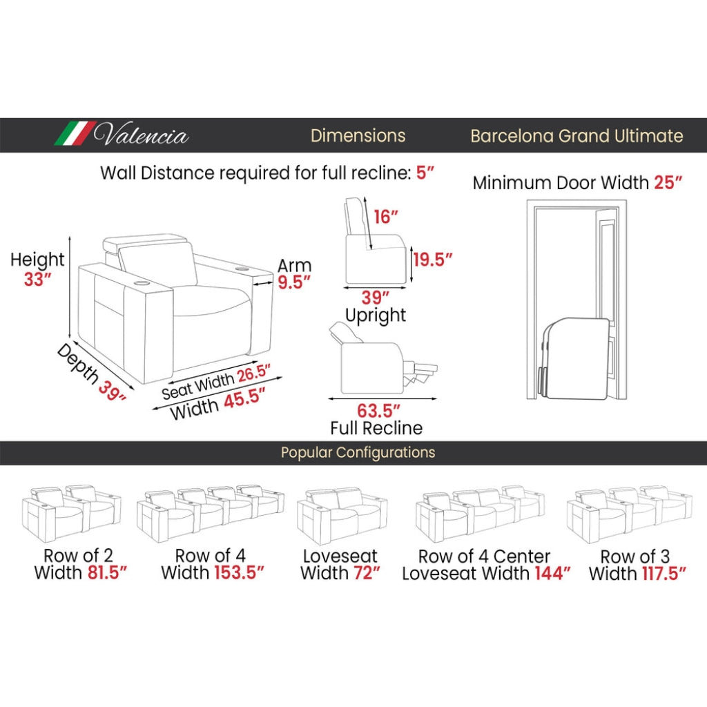 Valencia Barcelona Grand Ultimate Luxury Edition Home Theater Seating Dimensions - Game Room Spot