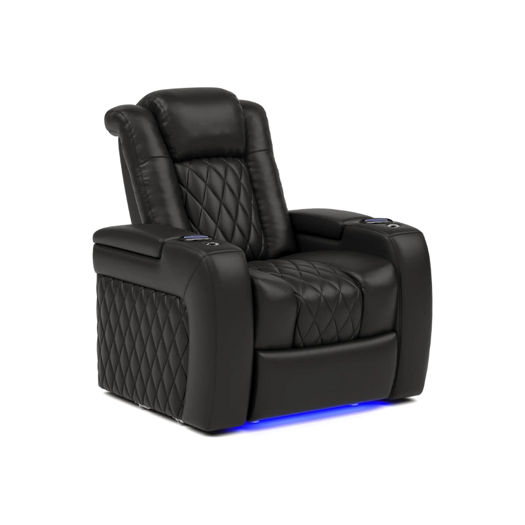 Black recliner chair with quilted design and blue LED lighting on a white background