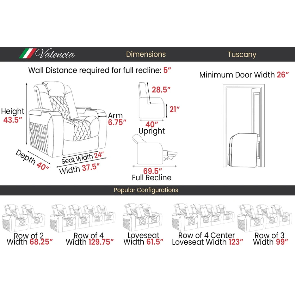 Valencia Tuscany Executive Heat & Massage Home Theater Seating Dimensions - Game Room Spot